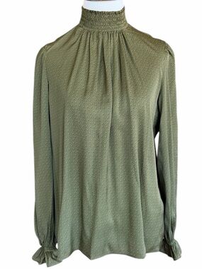 TUCKER Orange Polkadot Green Silk Turtleneck Top